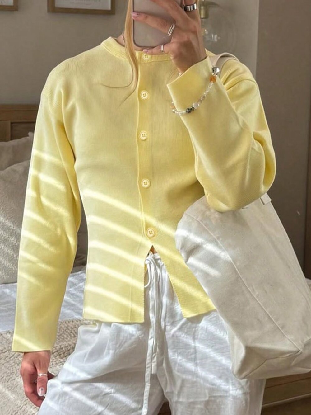 Yellow Casual Women's long sleeved button down Cardigan Sweater - Picture 2 of 11